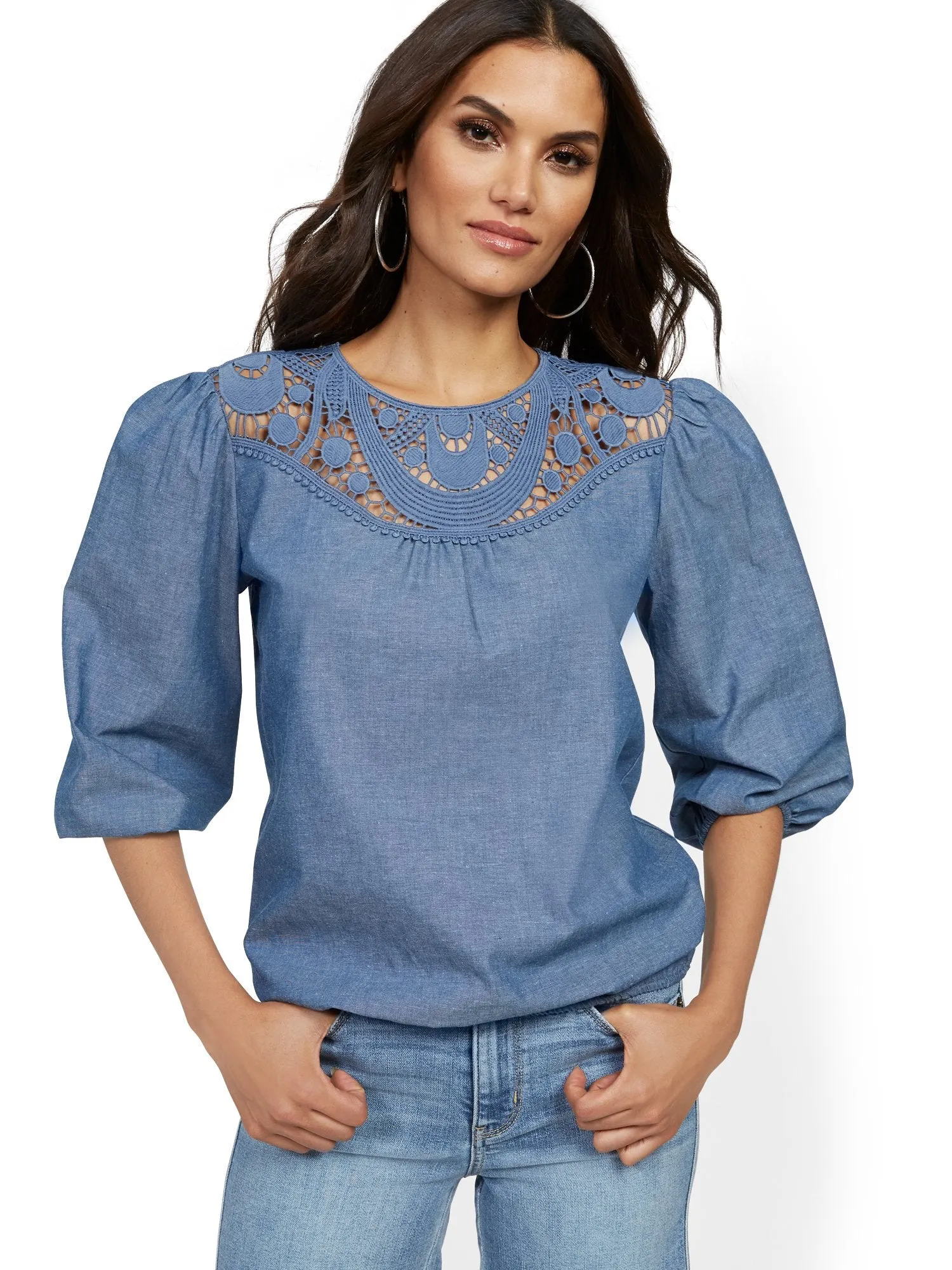 Blue Crochet-Inset Blouse