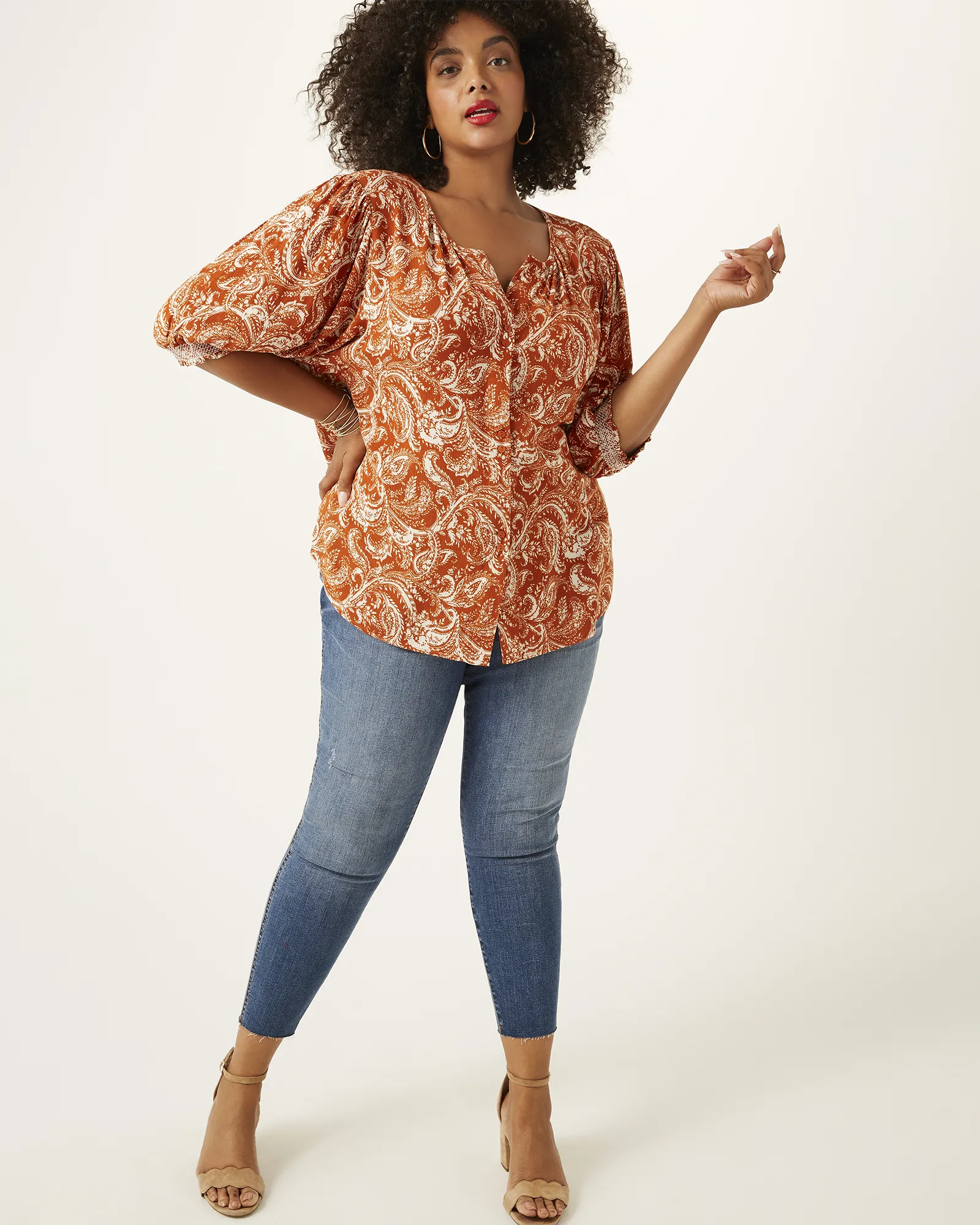 Eliza Button-Down Peasant Blouse | Orange / White