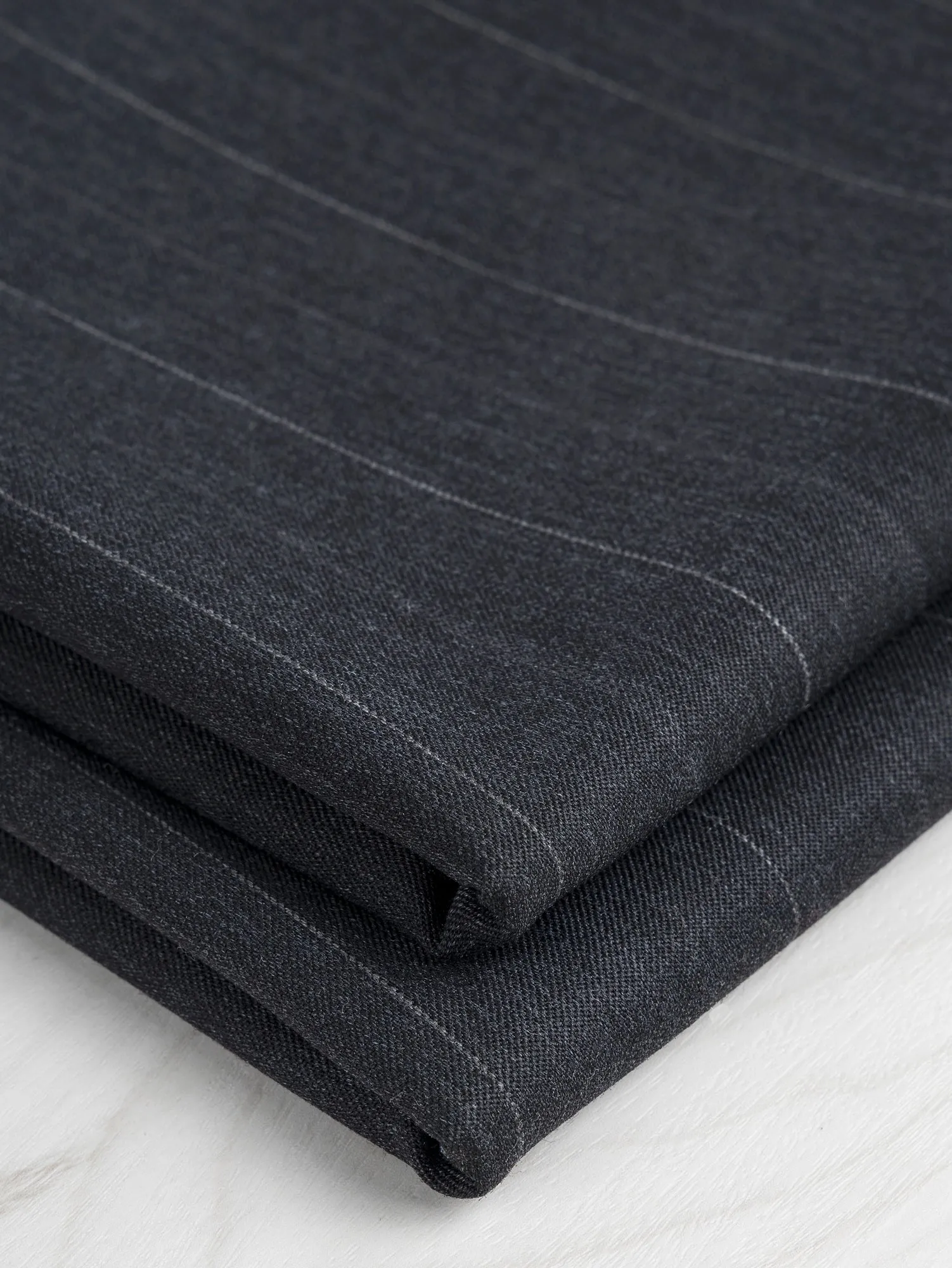Wide Pinstripe Italian Wool Twill Suiting Deadstock - Charcoal